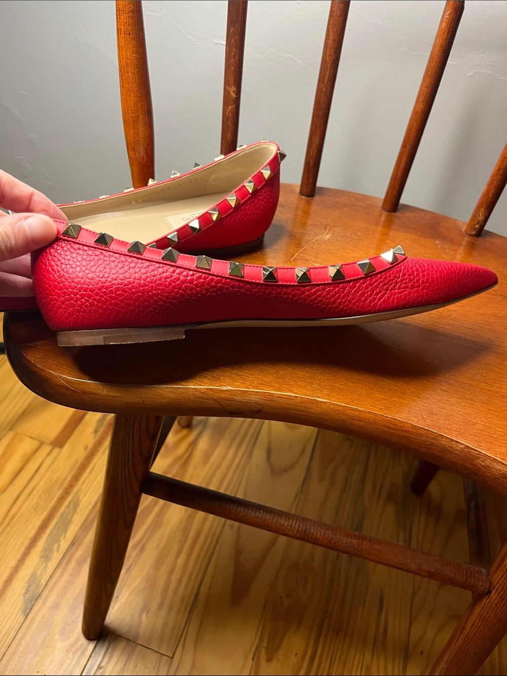 Valentino Garavani Rockstud Pointed Toe Ballerina Flats Red Size 37.5 - Picture 5 of 11